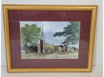 Framed Litho & Water Color Print By Diana Wythe Tyler - Old Wethersfield First Church Or Christ, CT.