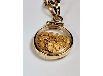 Unique 14k  Yellow Gold Pendant With 24k Solid Gold  Nuggets On 14 Gold Filled 24 Inch Chain