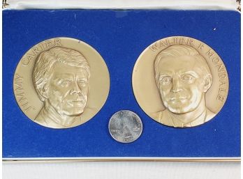 2 Huge Heavy Bronze 3 Dimensional Coins In Display Case PRESIDENT Jimmy Carter &  VP Walter Mondale