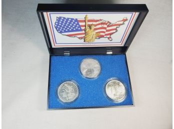 Super 3 Peace Silver Dollar 1923 Peace Dollar ,1921 Morgan Dollar & 2001 Silver Eagle  All UNC In Display Case