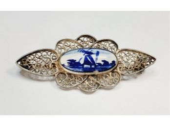 Ornate Vintage Sterling Silver DELFT  Pin