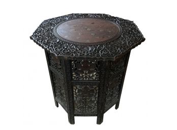 Antique Indian Carved Wooden Hexagonal Folding Side Table With Brass Inlay