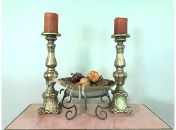 A Pair Of 22' Candles Holders And A Metal Stand With Bowl