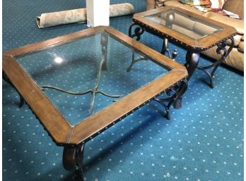 Metal Base Coffee Table And End Table With Leatherette And Glass Top