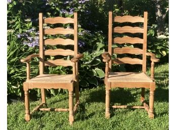 2 Light Wooden French Country Style Arm Chairs With Rush Seats