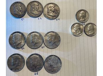 Stacking Silver Various Coins - Half Dollars Franklin And JFK - Silver Quarters