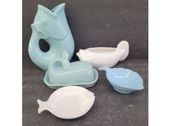 Nautical Theme Pitcher, Butter Dish, Gravy Boat And Small Fish Dishes