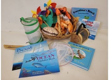 Children's Beach Fun Basket Includes Catching Nets, Pin Wheels, Stuffed Sea Creatures And Story Books