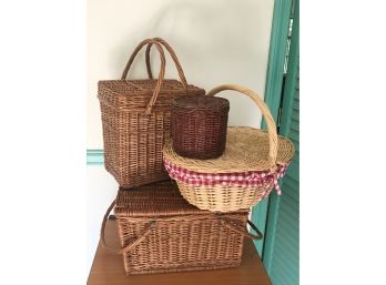 Three Picnic Baskets & One Round Basket With A Lid