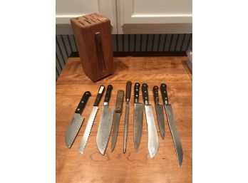 Knife Block, Eight Knives & Knife Sharpener