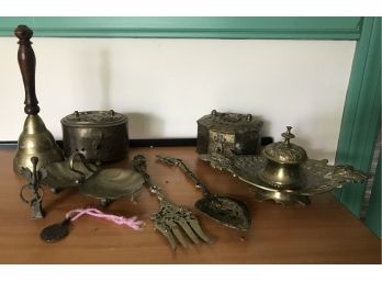 Brass Lot - Bell, Two Boxes With Lids, Ink Well And Serving Pieces