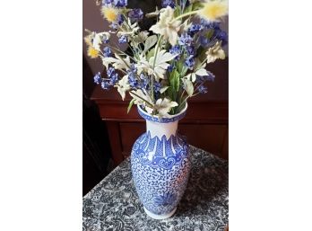 Blue Patter Vase With Flowers 13' Height