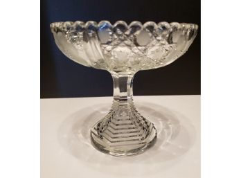 Vintage Press Glass Compote With Etched Flowers