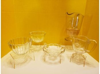 Lot Of 5 Vintage  Glass - Pitcher, Creamer, 2 Bowels And Nappy