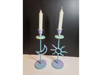 Moon And Sun Candle Holders With 2 White Candles