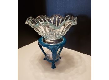 Heavy Blue Tinted Crystal With Metal Stand & Fancy Candle