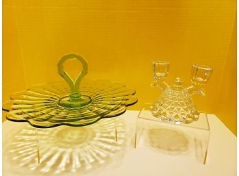 Depression Glass Serving Platter And Candle Holder