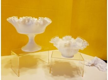 2 White Fenton Glass Compote And Candy Dish