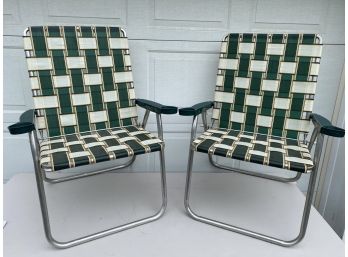 2 Vintage Folding Green Web Aluminum Armchairs