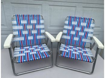 2 Vintage Red White And Blue Web Aluminum Folding Chairs