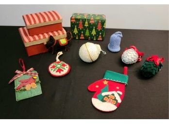 2 New Fabric Storage Boxes, A Tin, And Some Ornaments