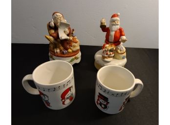 4 Pc Musical Lot, 2 Mugs, 2 Santa Figurines