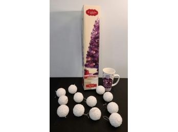 A New Purple Tinsel Tree, A Dozen Snowball Ornaments And A Mug