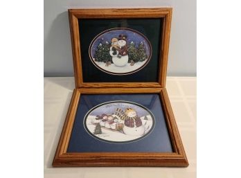 Lot Of 2 Snowman Prints In Wooden Frames