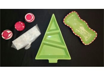 Entertaining Lot, Ceramic Divided Tree Dish, Small Ceramic Tray, 3 Ceramic Candy Cane Ball Candles, 3 Snowflak