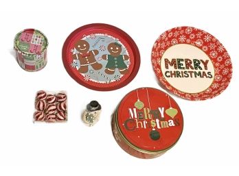 Lot Of 6 Assorted Christmas Holiday Items - Ornaments, Dishes, Tins & Snowman