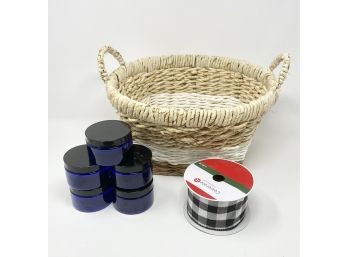Lot Of DIY Craft Supplies - Cobalt Blue DIY Jars, Basket & Ribbon