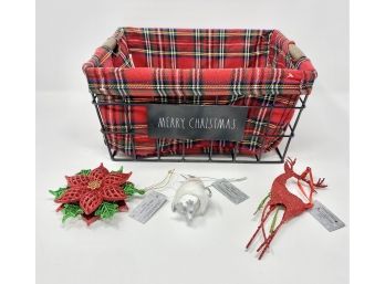 Lot Of Christmas Decor - Rae Dunn Basket & 3 Ornaments