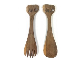 Set Of 2 Vintage Teakwood Elephant Handle Hand Carved Wood Utensils
