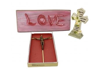 Lot Of Religious & Art Decor - INRI Crucifix Cross, Greenbrier International Polystone Psalm & Love Wood Sign