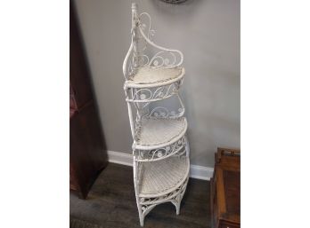 White Wicker Corner Shelf Stand With Curling Vine Decorative Pattern