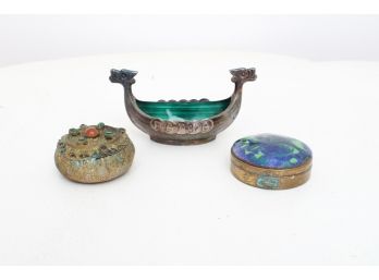 Two Small Enameled Vessels & A Small Filigree Box