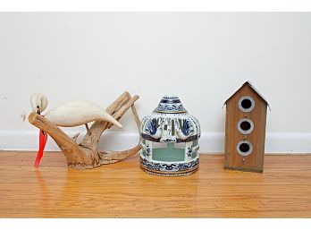 Two Bird Houses & A Carved Wooden Egret On A Log
