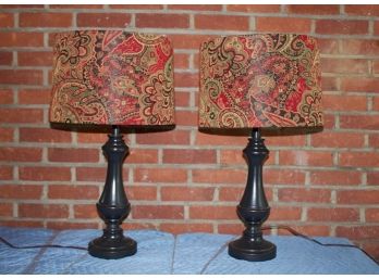 Pair Metal Vase Form Table Lamps With Lovely Cloth Shades