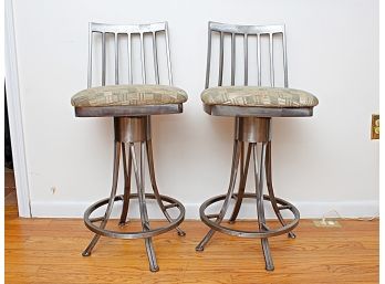 Two Chrome And Upholstered Swivel Bar Stools