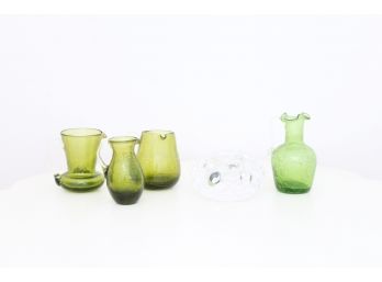 Five Pieces Green Glass Pitchers And Crystal Dish