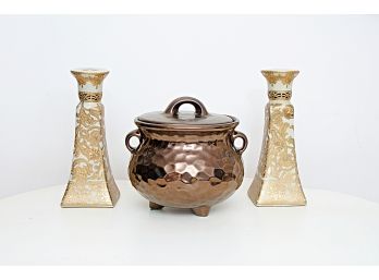 Ceramic Lidded Copper Tone Vessel & Pair Ceramic Gilt Decorated Candlesticks