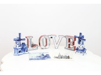 Blue And White Windmills, Tile Plaques & Metal 'Love' Decoration