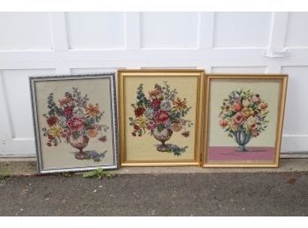 Three Framed Floral Needlpoints