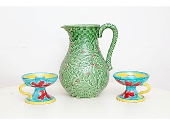 Green Ceramic Portugal Pitcher & Pair Italian Candlesticks.