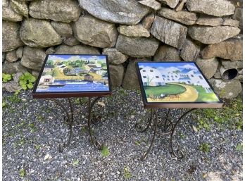 Americana Style Painted Side Tables With Metal Base Pair