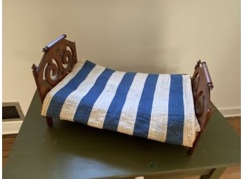 Antique Carved Doll Bed With Quilt
