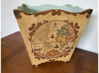 Vintage Hand Decorated Wood Waste Basket Made In Italy