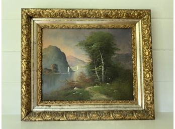 Oil On Canvas River Scene With Ornate Frame