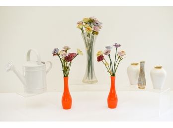 Set Of Three Vases With Royal Kendall Porcelain Flowers, Porcelain Watering Canister And More