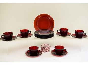 Set Of Six Ruby Red Plates, Tea Cups And Saucers And More